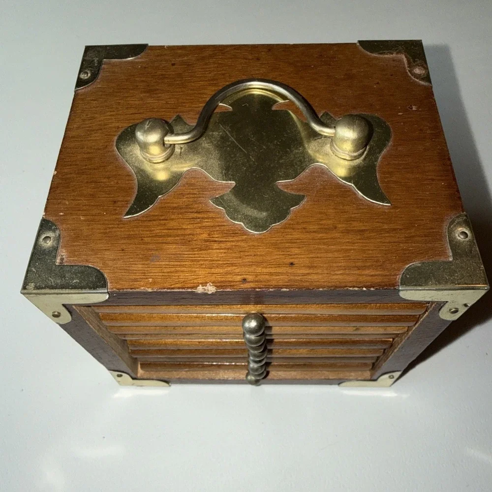 Vintage Wood‎ Cork Coaster Set 8 Mid Century Metal Trim Accents Handle